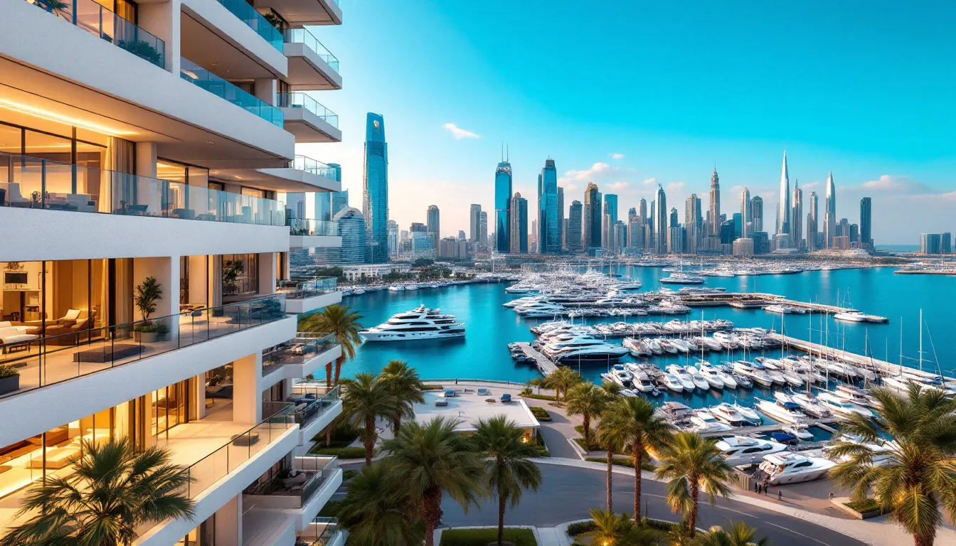 Sunrise over Dubai Marina with yachts and the waterfront promenade near Marina Cove.